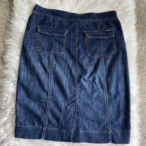 Z Cavaricci Denim Skirt Size 6 Side Zipper Slit Pockets Knee Length Stretch
